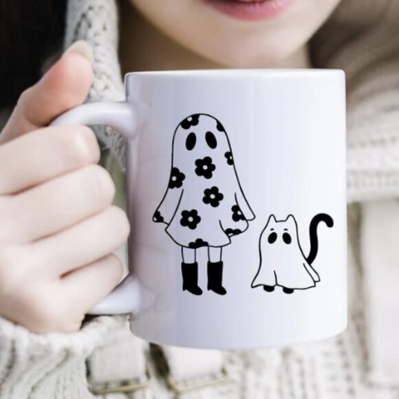 Other - Floral Ghost & Ghost Cat NEW white coffee mug